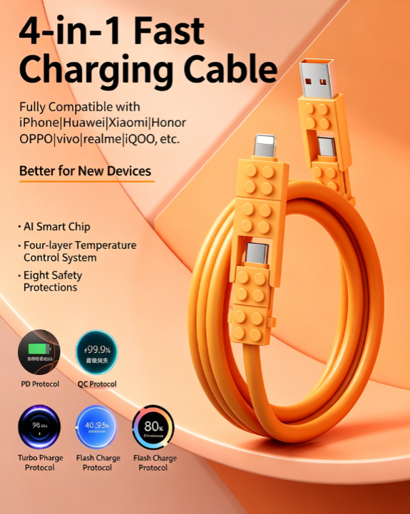 2-in-2 PD65W Light Fast Charging Cable, Support USB-A to Lightning, USB-A to Type-C, Type-C to Type-C, Type-C to Lightning