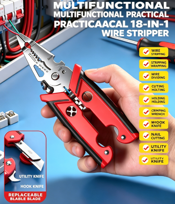 18-in-1 Multifunctional Wire Stripper Pliers – Dual-Blade, Crimping, Cutting, Screw Shearing, Hook Knife & Folding Utility Knife – Electrician’s All-in-One Tool