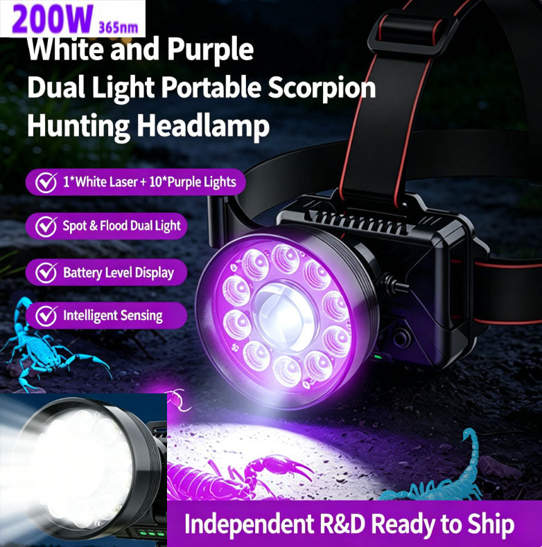 200W 11-Core Dual-Light Smart Sensor Headlamp (White and Purple) | 1 White Laser + 10 Purple Lights | Splash-proof | Built-in 2 x 18650 Lithium Batteries | 5–12-hour battery life