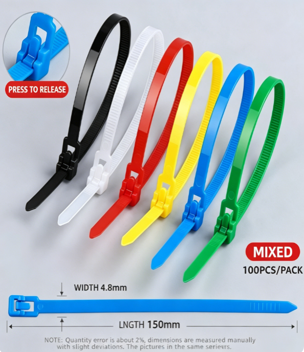 100Pcs Reusable, Quick-Release Nylon Cable Ties | Multi-Size, Multi-Colour Cable Ties | Ideal for cable management, computer cabling, agricultural bundling and office organisation