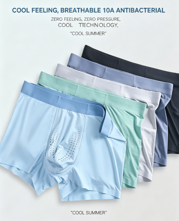 Men’s Summer Ice-Silk Vent Hole Boxer Briefs | 10A Antibacterial Oyster Extract – Cooling, Breathable, Quick-Drying, Seamless Mid-Rise Boxer Briefs