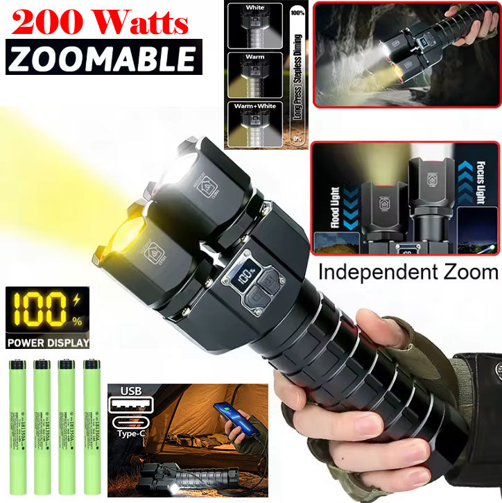200W High-Powered Flashlight with Dual Yellow and White Light Sources | Intense Long-Range Beam + Penetrating Yellow Light + Rechargeable Zoom | Essential for Outdoor Adventures, Emergency Lighting and Camping