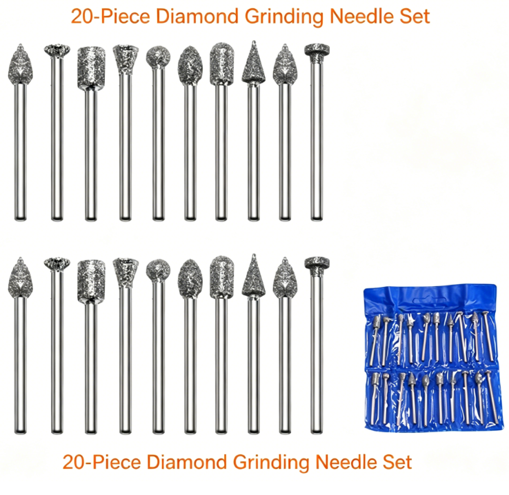 20PCS Electroplated Diamond Grinding Head Set – 3mm Shank, 6mm Head, 45mm Length – for Jade, Stone, Ceramic, Glass, Metal, PVC – Rotary Tool Accessories