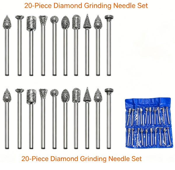 20PCS Electroplated Diamond Grinding Head Set – 3mm Shank, 6mm Head, 45mm Length – for Jade, Stone, Ceramic, Glass, Metal, PVC – Rotary Tool Accessories