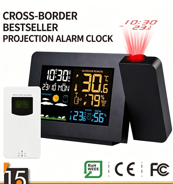 Wireless Indoor Outdoor Thermometer Hygrometer Projection Alarm Clock – Color Weather Forecast Station with 8H Prediction, Mold Risk Alert, Dual Alarm