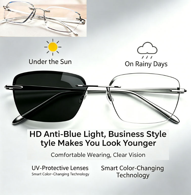 Diamond-cut, Rimless, Blue-light-blocking Photochromic Reading Glasses | Smart light-sensitive technology – one pair for both indoors and outdoors