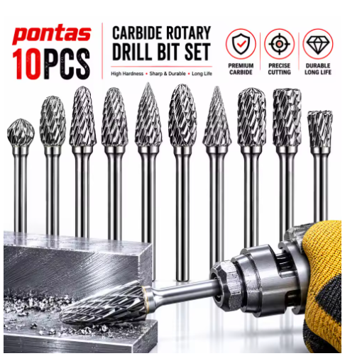 10pcs Hard Alloy Rotary File 3*6mm Double Grain 10 Shapes for Efficient Cutting on Metals, Wood, Plastic, 1/8" Shank