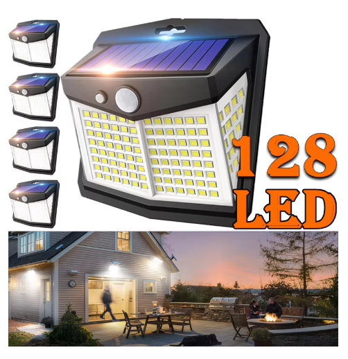 270°wide-angle illumination 128 LED Outdoor Sensor Solar Light Integrated Waterproof Garden Wall light with 3 Lighting Modes IP65 Waterproof and Durable