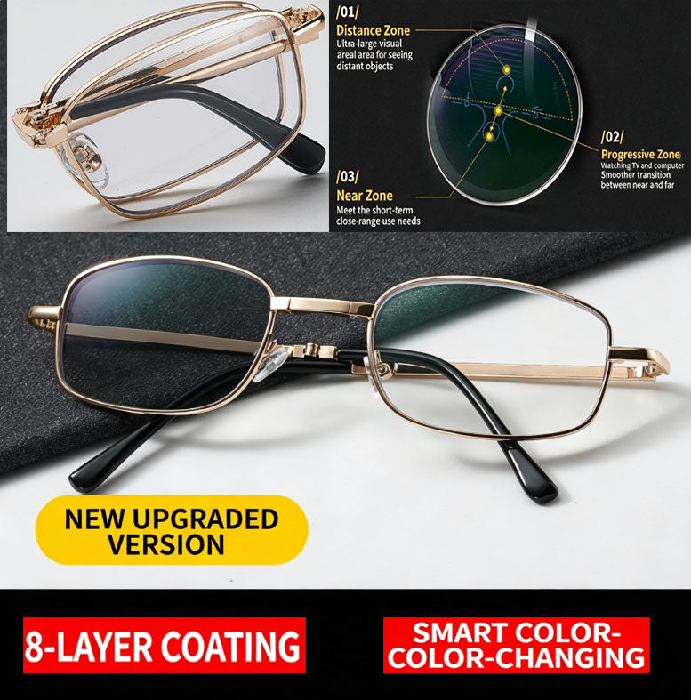 Gold-framed Foldable Smart Zoom Anti-Blue Light Photochromic Reading Glasses Progressive Multifocal