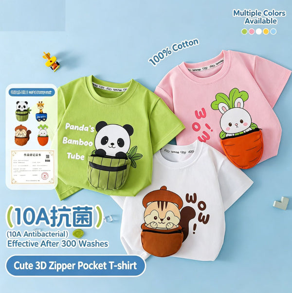 Children’s 100% Cotton Short-Sleeved T-Shirt | 3D Zipped Handbag Embellishment | 10A Antibacterial Fabric | Original Cartoon Animal Design | Unisex Summer Wear for Boys and Girls
