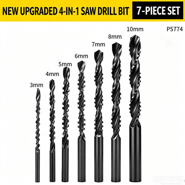 7Pcs HSS 4-in-1 Saw Drill Bit Set 3-10mm - Woodworking Drilling & Grooving Multipurpose Drill Bits for Hand Drill