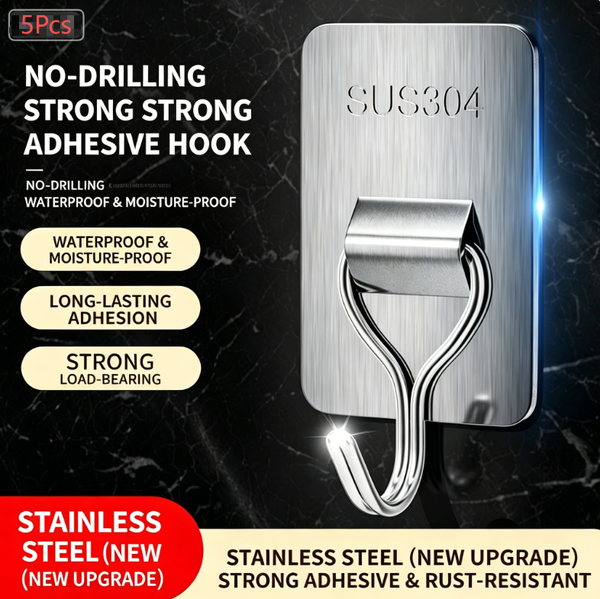 5Pcs Strong Adhesive Stainless Steel Hooks (no drilling required) | 304 stainless steel| Waterproof and moisture-resistant | 180° multi-angle rotation