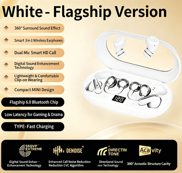 3-in-1 6Pcs Smart Wireless Bluetooth Earphones | In-ear + Earhook + MINI Styles | Bluetooth 6.0 with Ultra-Low Latency | Panoramic Surround Sound | Charging Case Doubles as a Power Bank