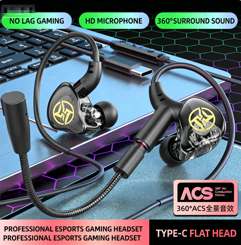 In-ear Dual-microphone Headphones — Dual-microphone system | 360° surround sound | 90° angled cable to keep hands clear · Compatible with mobile phones and computers via 3.5mm/Type-C