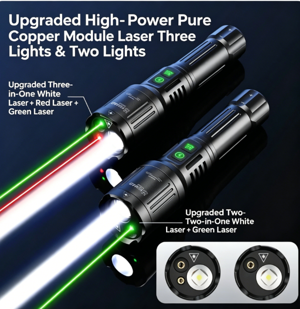 3-Light Source White, Red and Green Laser Zoom Torch with 26650A Rechargeable Battery – 2,000-metre Long-Range Zoom, Type-C Fast Charging, Outdoor Emergency and Multi-Purpose