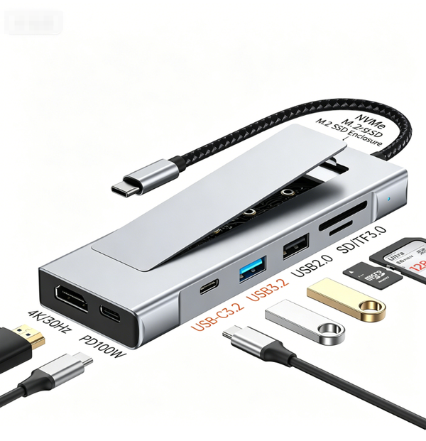 8-in-1 M.2 SSD Enclosure and Docking Station | Dual-protocol NVMe/NGFF | 10Gbps USB 3.2 | 4K/60Hz HDMI | 100W PD Fast Charging | Magnetic Drive Swap | Supports up to 8TB