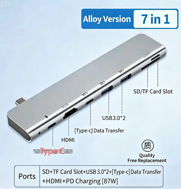 7-in-1 Type-C Dock | Side-Insert, Flush-Fit Design | 4K HDMI + 87W PD Fast Charging + 2× USB 3.0 + Dual SD/TF Card Slots | Designed specifically for MacBook Pro/Air and Type-C laptops