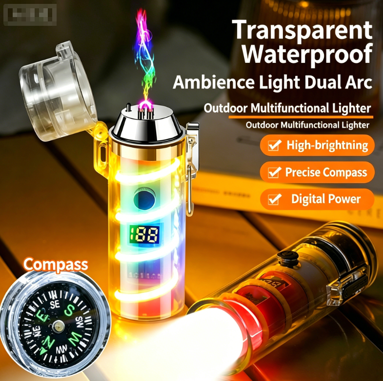 100W Multifunctional Outdoor Waterproof Flashlight Light Lighter Transparent Case with Compass Charging Lighter Fantasy Atmosphere Light