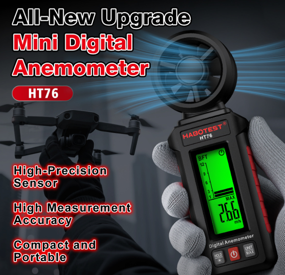 HT76 Mini Digital Anemometer – Handheld and portable, for precise wind measurement,A single device to capture all aspects of wind