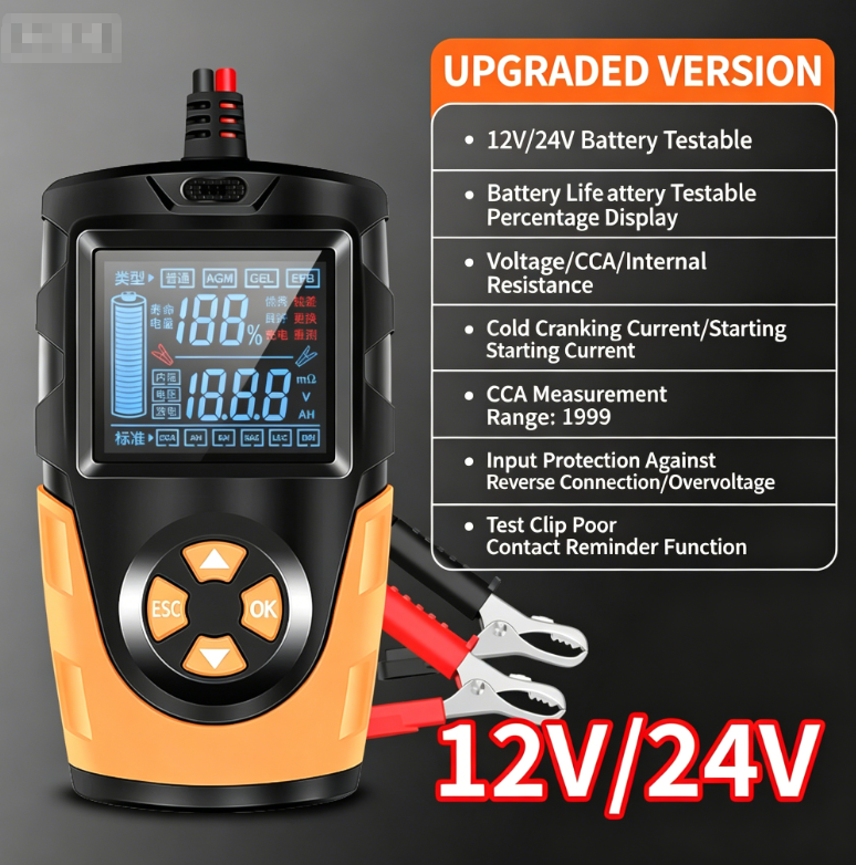 12V/24V Car Battery Life Tester, Lead-acid Battery Tester, One-button testing of internal resistance, voltage and charge level, CCA measurement, compatible with AGM, EFB and GEL batteries
