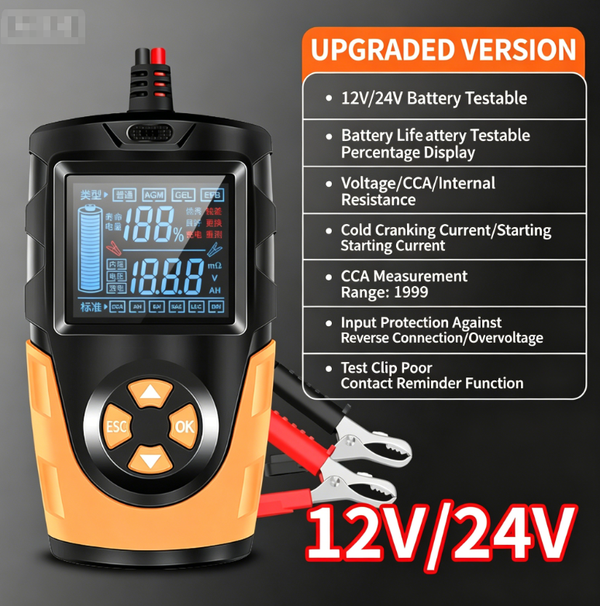 12V/24V Car Battery Life Tester, Lead-acid Battery Tester, One-button testing of internal resistance, voltage and charge level, CCA measurement, compatible with AGM, EFB and GEL batteries