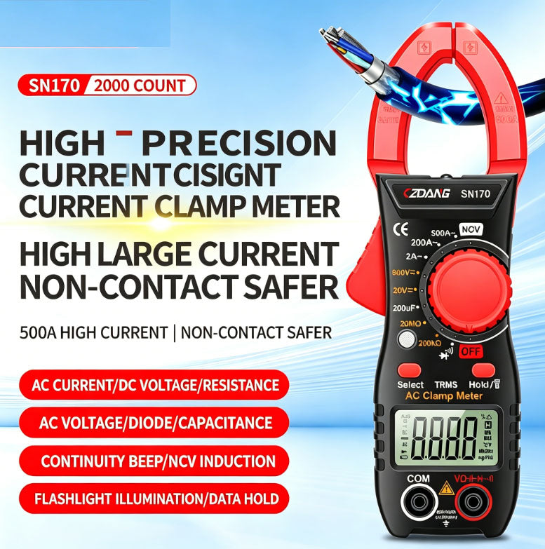 SN170 2000-count High-Precision Digital Clamp Meter — Non-contact measurement of high currents up to 500A,AC/DC voltage, resistance, capacitance and NCV all in one device
