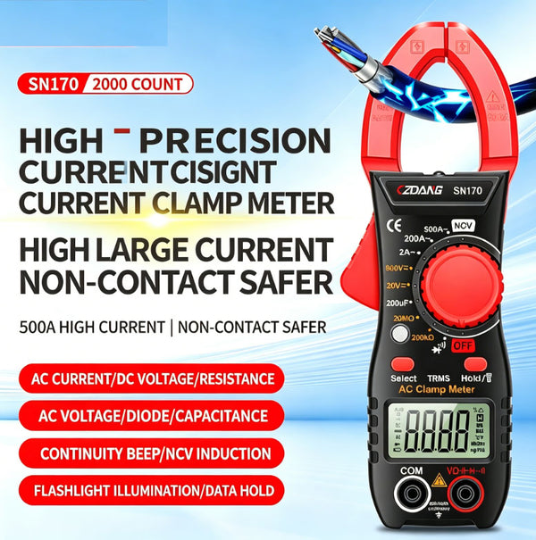 SN170 2000-count High-Precision Digital Clamp Meter — Non-contact measurement of high currents up to 500A,AC/DC voltage, resistance, capacitance and NCV all in one device