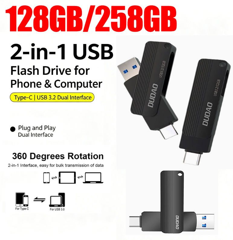 128GB USB 3.2 Solid-State Dual-Port Flash Drive | USB-A and USB-C, USB 3.2 High-Speed Transfer, Compatible with Mobile Phones and Computers, High-Capacity Storage Expansion