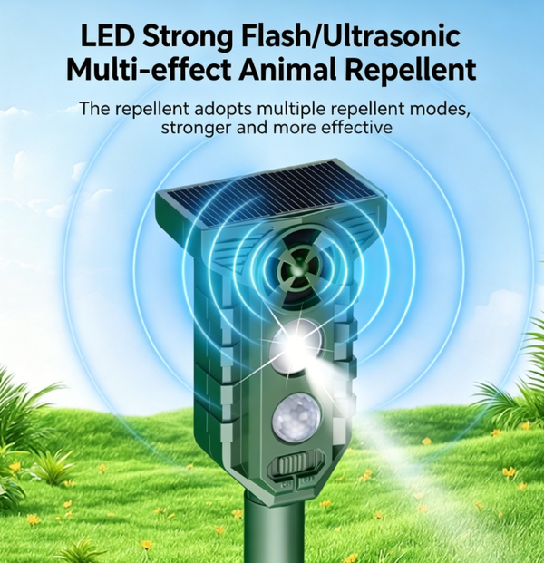 Solar Animal Repeller Outdoor - Ultrasonic & LED Strobe Light Deterrent for Cats, Dogs, Foxes, Deer, Raccoons | IPX4 Waterproof Solar Powered Repeller for Garden Farm Yard