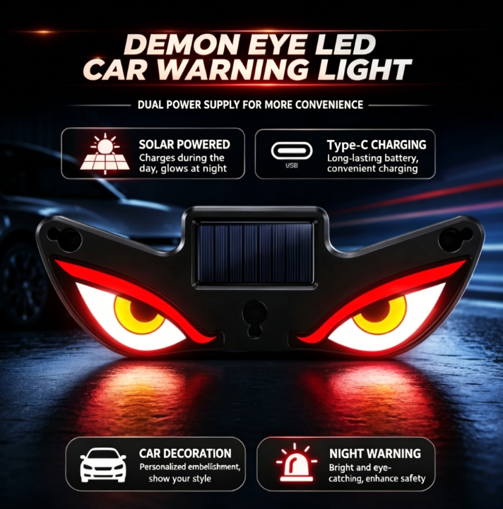 Solar-Powered ‘Devil’s Eye’ Car LED Warning Light – Wiring-Free, Rear-End Collision Prevention, Dynamic Breathing Ambient Light – Universal Fit, Non-Invasive Installation