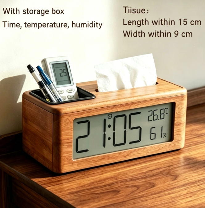 High-end Solid Wood Table Clock and Tissue Box | Time · Weather · Storage — Nine functions in one, saying goodbye to a cluttered desk