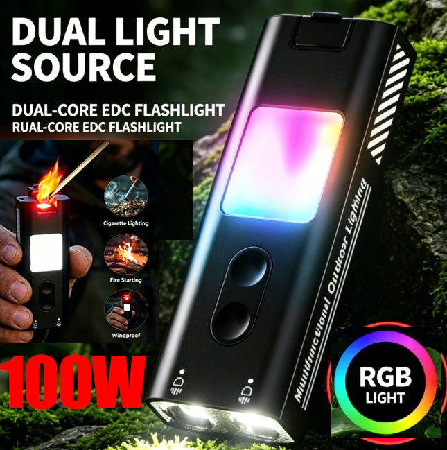 100W Multifunctional EDC Torch: Dual LED Bulbs + RGB Colour-changing Auxiliary Light + Windproof Electronic Igniter 12-hour Long Battery Life