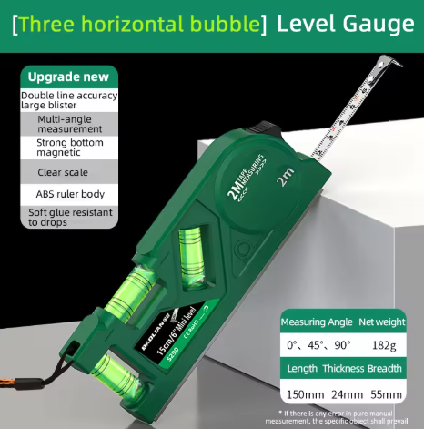 150mm Magnetic Level Ruler with 3 Bubbles with 2M self-locking tape measure,Vertical/Horizontal/45 ° Measurement Multi-function Woodworking Measuring Tool
