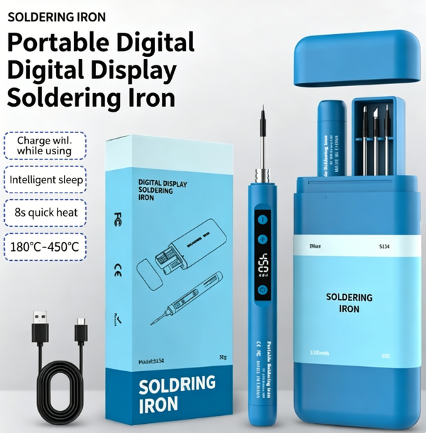 Portable USB Digital Display Soldering Iron Set with 3 Soldering Tips, 8-second Rapid Heat-up, 180–450℃, Rechargeable Soldering Iron