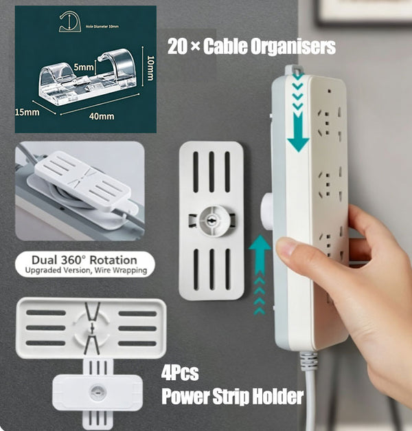 4Pcs 360° Rotation Power Strip Holders (with cable management) + 20 Cable Organisers Invisible Wall-Mounted Cable Management