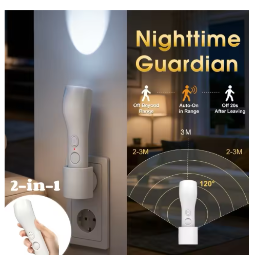 4-in-1 Rechargeable Motion-Activated Night Light + Emergency Torch – PIR Automatic Sensing, Automatically Lights Up During Power Cuts