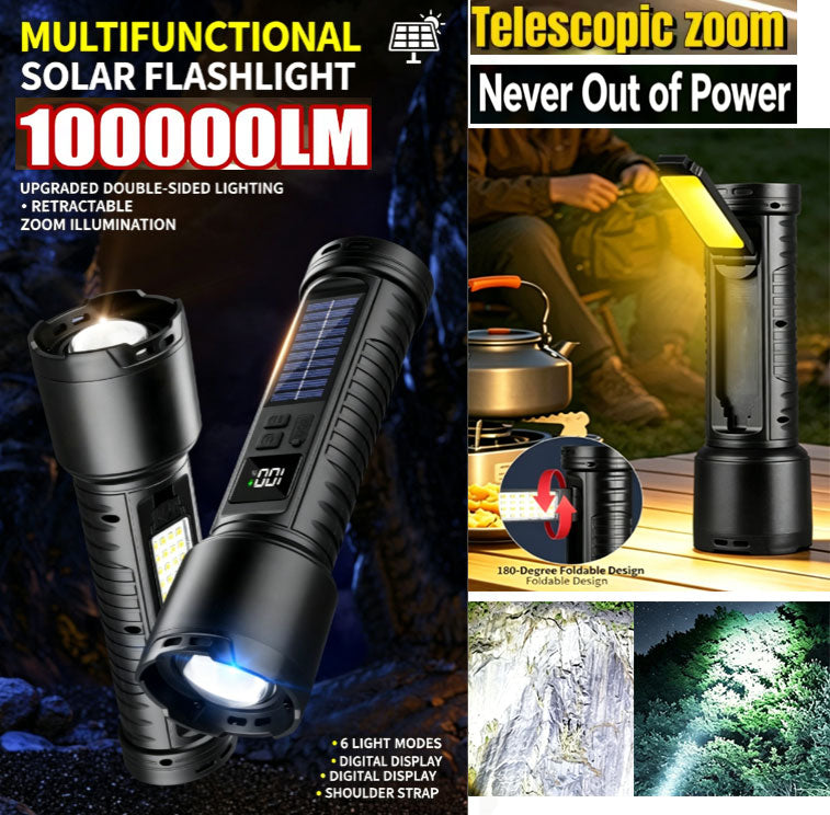 100000LM Solar White Laser Zoom Torch With Foldable Side-Light 180° Camping Light + Dual Charging Built-in battery with 12-hour runtime Power Display