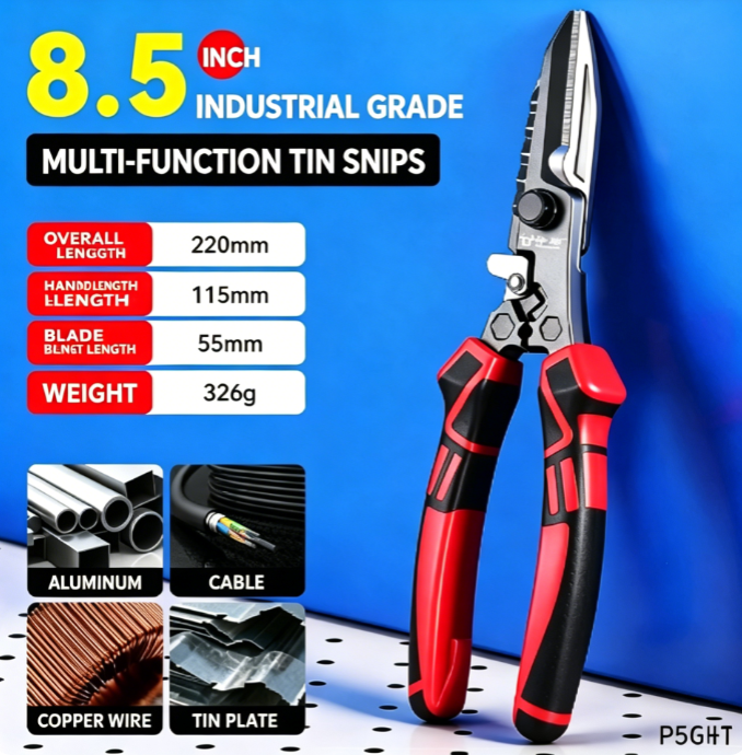 Heavy-duty, industrial-grade 8.5-inch multi-purpose sheet metal shears/aviation shears – effortlessly cut through sheet metal, copper wire, cables and aluminium