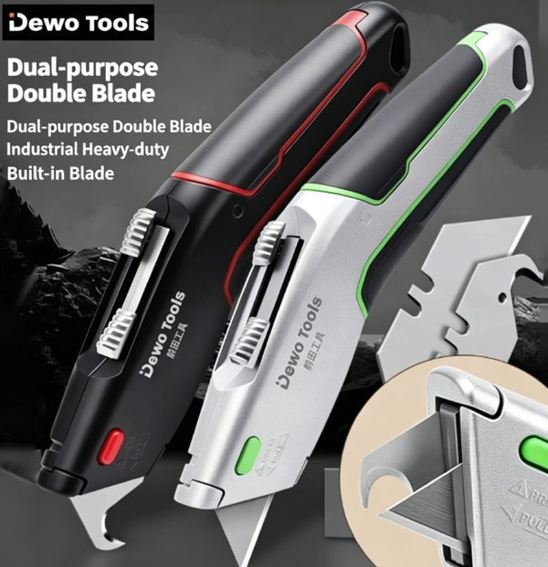 Heavy-Duty Dual-Purpose Utility Knife with 6 Blades: Double-ended blade, 3-position retractable shaft, SK2 alloy blade, one-touch quick-release mechanism