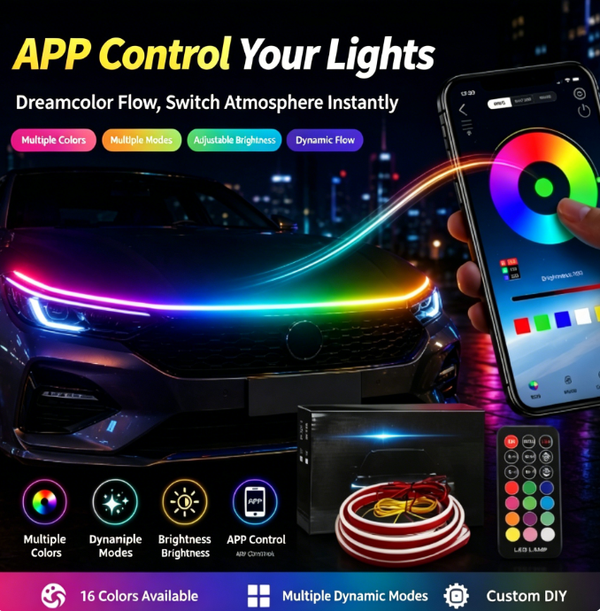 Iridescent Flow Hood Lights | Start-Up Scan, Turn Signal Flow, App Color Customization, Universal Fit for SUVs, Sedans, and Pickup Trucks