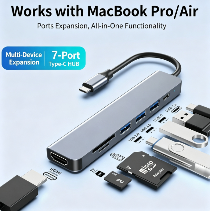 Type-C 7-in-1 Laptops Dock | 4K Screen Mirroring · PD Fast Charging · High-Speed Data Transfer · Multi-System Compatibility