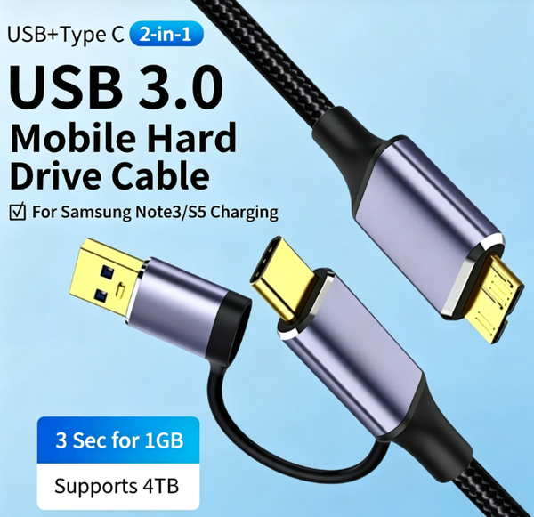 2 in 1 Type-C USB3.0 to Micro B Cable for External Hard Drive Case Disk Adapter for Laptop HDD Cord Computer