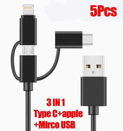 5-Pack 3A Fast Charging Cable Compatible with Lightning / Type-C / Micro USB | 1.2 Meters Long | 2-in-1 Charging and Data Transfer