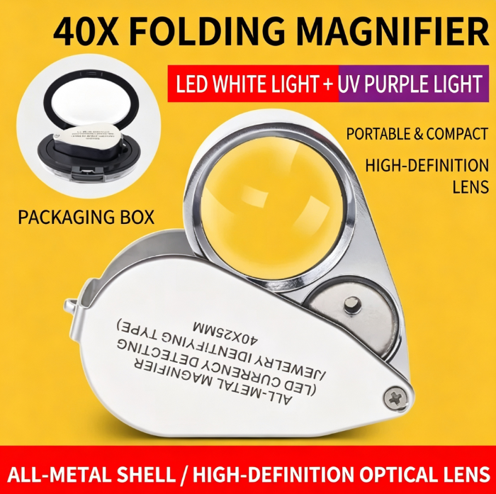 40x HD Folding Magnifying Glass | All-Metal Body + LED White Light + UV Light | Designed for Jewelry Appraisal, Antique Collecting, and Electronics Repair