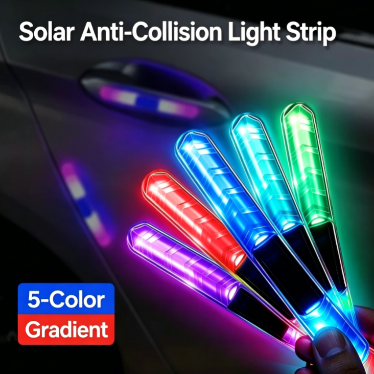 2Pcs Solar-Powered Collision Warning Light | Five-Color Gradient Strobe | Wire-Free, Non-Invasive Installation | Car Door Scratch and Impact Protection Strip