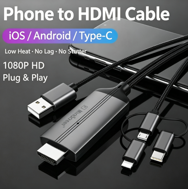 2-meter 4K 3-in-1 iPhone/Type-C/Android to HDMI Screen Mirroring Cable — Connect your phone to a TV, monitor, or projector for high-definition wired screen mirroring