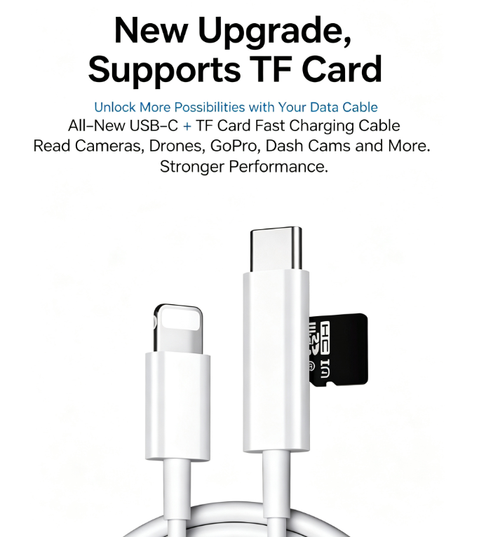 5Pcs Third-Generation Smart Card-Reading Fast-Charging Cable—Supports up to 1TB TF Card Expansion, Use While Charging, Compatible with Apple and Android Devices