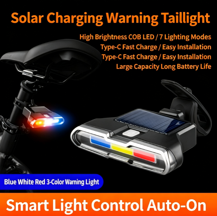 Solar COB Bike Tail Light — Smart Light Sensor, 7 Modes, USB-C Rechargeable & IPX7 Waterproof Bicycle Rear Safety Light