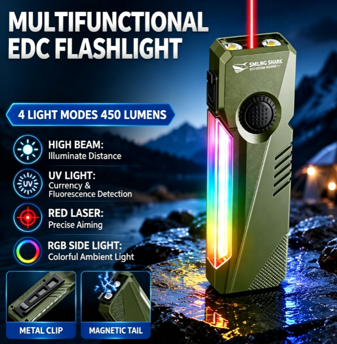 Mini Multifunctional Magnetic EDC Flashlight 4 Light Sources: Red Laser + High-Intensity Long-Range Beam + UV Detection + RGB Flowing Side Lights