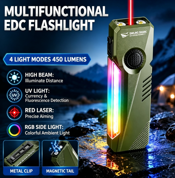 Mini Multifunctional Magnetic EDC Flashlight 4 Light Sources: Red Laser + High-Intensity Long-Range Beam + UV Detection + RGB Flowing Side Lights